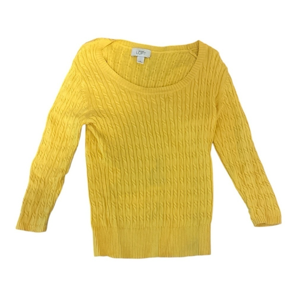 LOFT Women's Bright Yellow Cable Knit Sweater 3/4 Sleeve - Picture 1 of 3
